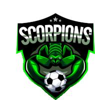 a green scorpion holding a soccer ball with the words scorpions.bet