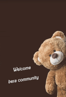 a brown teddy bear is peeking out from behind a sign that says welcome