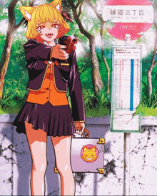 a girl with cat ears is holding a gun and a briefcase with a cat sticker on it