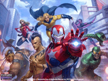 a poster for marvel future fight with a group of superheroes