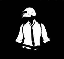 a white silhouette of a man wearing a helmet and tie on a black background .