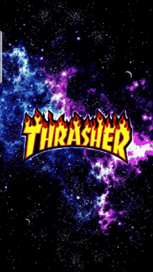 a thrasher logo with flames and a galaxy in the background