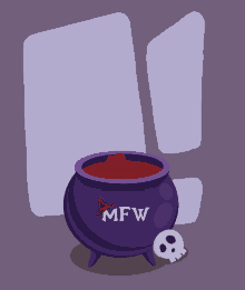 a purple cauldron that says mfw on it