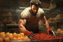 a painting of wolverine reaching into a bowl of tomatoes with his claws