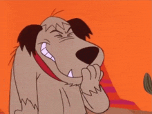 a cartoon dog is laughing and biting his finger .