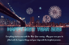 a happy new year 2021 greeting card with fireworks over a city skyline