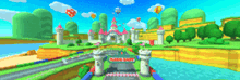 a blurred image of mario kart with a castle in the background