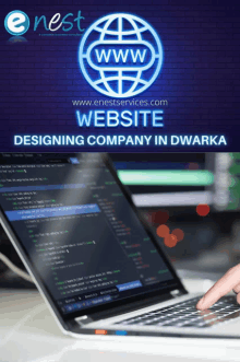 an ad for a website designing company in dwarka shows a person using a laptop