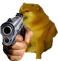 a person is holding a gun in front of a cheems dog .