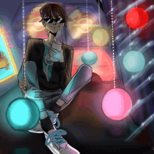 a drawing of a person sitting in an arcade with a can of soda