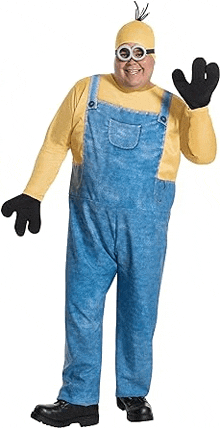 a man in a minion costume with overalls and a hat is waving .