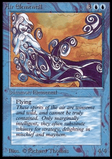 a blue card with a woman on it that says air elemental