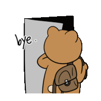 a teddy bear with a backpack is standing in front of a door and says bye