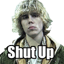 a young man with blonde hair is wearing a green jacket and a plaid shirt and has the words shut up on his face .