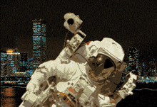 a pixelated image of an astronaut with a sticker on his helmet that says ' ussr '