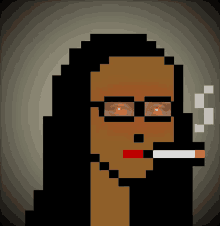 a pixel art of a person smoking a cigarette with red eyes