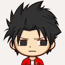 a cartoon drawing of a boy with black hair and a red jacket that says lg on it