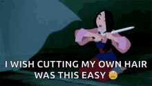 mulan from mulan is holding a pair of scissors and a sword .