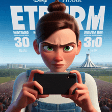 a movie poster for etrm shows a girl taking a picture with her phone