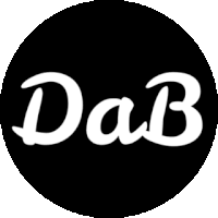 the word dab is in a black circle on a white background