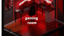 a gaming room with a desk , chair , and two computer monitors