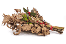 a bunch of dried leaves with red berries and a red ribbon