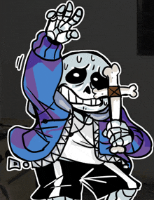 a drawing of a skeleton holding a bone