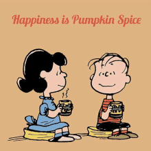 a cartoon of lucy and linus from peanuts sitting next to each other drinking coffee .