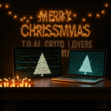 a sign that says merry christmas to all crypto lovers is above two laptops