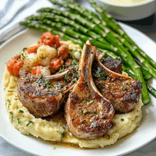 a white plate topped with lamb chops mashed potatoes and asparagus .