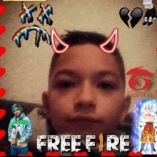 a young boy is wearing a free fire face mask .