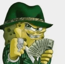 spongebob is wearing a green hat and tie and holding a fan of money .