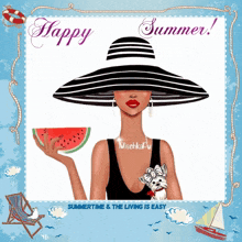 a woman in a hat is holding a slice of watermelon with the words happy summer on the bottom