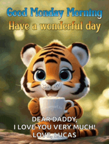 a cartoon tiger is holding a cup of coffee and says " good monday morning "