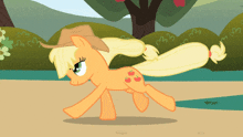 a cartoon pony wearing a cowboy hat with three apples on her back