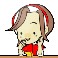 a cartoon of a girl in a red shirt eating something