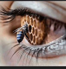 a bee is sitting on a woman 's eye