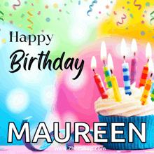 a birthday card for maureen with a cupcake and lit candles