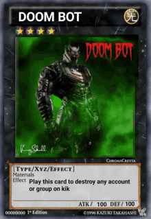 a card that says doom bot on it with a green background