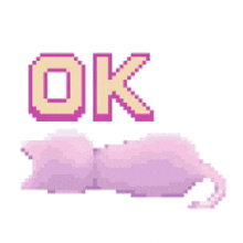 a pixel art illustration of a pink cat laying down with the words `` ok '' written above it .