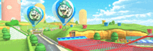 two hot air balloons with mario on them are flying over a cartoon scene