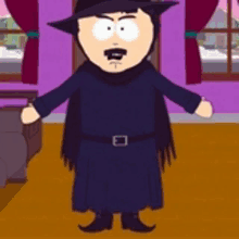 a cartoon character from south park is wearing a black hat and a black robe