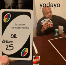 a person is holding a uno card next to a picture of a man playing uno cards .