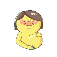 a cartoon drawing of a yellow duck with a brown haircut