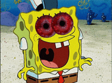 a cartoon of spongebob with his mouth open and red eyes