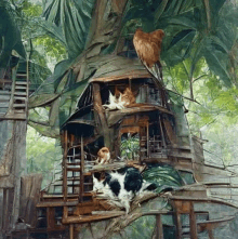 a painting of a tree house with cats and a bird .