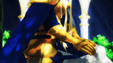 a woman in a blue cape and gold armor sits on a bench