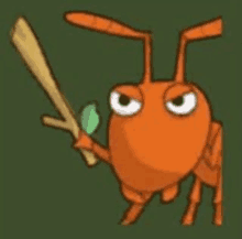 a cartoon ant holding a stick and a leaf