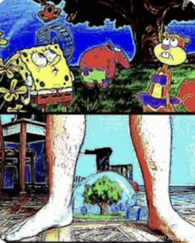 a cartoon of spongebob and spongebob squarepants standing next to each other