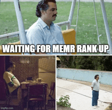 a man sitting on a swing with the words waiting for memr rank up below him